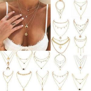 מאמא-שופ תכשיטים ושעונים Boho Women Multi-layer Long Chain Pendant Crystal Choker Necklace Jewelry Gift