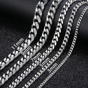 מאמא-שופ תכשיטים ושעונים 18"-36" Stainless Steel Silver Tone Chain Cuban Curb Mens Necklace 3/5/7/9/11mm